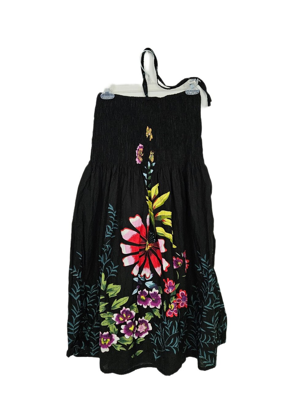 CYN by Cynthia Mehra Black Floral Smocked Strapless Dress One Size
